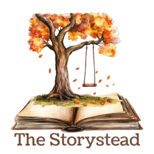 Open book with a tree of autumn leaves and a swing growing from its pages, with text reading ‘The Storystead.